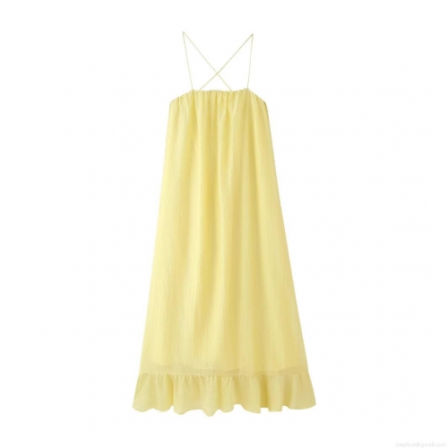 Women Summer Vacation Beach Textured Maxi Dress Backless Cross Spaghetti Strap Ruffle Hem Loose Flowy Elegant Yellow Long Dress