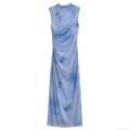 Women's Tie-Dye Mesh Maxi Dress Sleeveless Mock Neck Side Ruched Bodycon Long Dress Elegant Summer Beach Party Clubwear Slim Fit Vestidos
