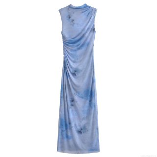 Women's Tie-Dye Mesh Maxi Dress Sleeveless Mock Neck Side Ruched Bodycon Long Dress Elegant Summer Beach Party Clubwear Slim Fit Vestidos