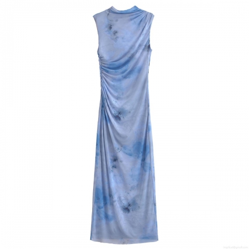 Women's Tie-Dye Mesh Maxi Dress Sleeveless Mock Neck Side Ruched Bodycon Long Dress Elegant Summer Beach Party Clubwear Slim Fit Vestidos