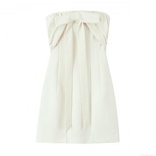 Women's Elegant Off-the-Shoulder Sleeveless Bow Mini Dress Off-White Polyester Bodycon Tube Top Short Dress For Party Wedding Cocktail Prom Evening Fashion Sexy Clubwear