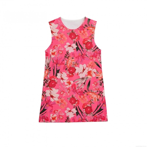 Women's Tropical Floral Print Sleeveless Mini Dress Round Neck Knit A-Line Polyester Sundress For Summer Vacation Party Elegant Style