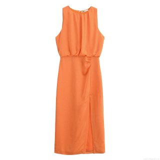 Elegant Women Sleeveless Pleated Satin Midi Dress Solid Orange Side Slit Crew Neck Chic Party Evening Cocktail Dresses For Lady Summer Wear