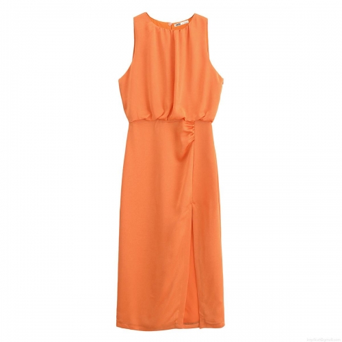 Elegant Women Sleeveless Pleated Satin Midi Dress Solid Orange Side Slit Crew Neck Chic Party Evening Cocktail Dresses For Lady Summer Wear