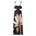 Women's Elegant Tropical Palm Leaf Print Maxi Dress Backless Cut-out Cami Long Dress With Bow Shoulder Straps For Vacation Summer Party