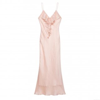 Women's Elegant V-Neck Ruffle Satin Maxi Dress 100% Polyester Tiered Spaghetti Strap Slim Fit Evening Party Prom Long Dress