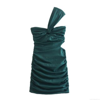 Women's Sexy One Shoulder Ruched Bodycon Mini Dress 95% Polyester 5% Elastane Dark Green Sleeveless Backless Night Out Party Clubwear Dress