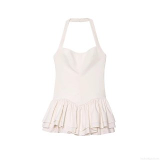 Elegant Women Halter Neck Mini Dress Polyester Blend Tiered Ruffle Hem Sleeveless Backless Solid Color Summer Party Vacation Cocktail Sexy Short Dress