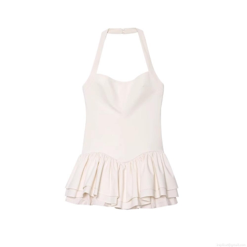 Elegant Women Halter Neck Mini Dress Polyester Blend Tiered Ruffle Hem Sleeveless Backless Solid Color Summer Party Vacation Cocktail Sexy Short Dress