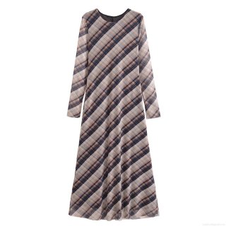 Women's Retro Mesh Plaid Long Sleeve Maxi Dress Elegant Round Neck A-Line Gown For Daily Party Ladies Stylish 100% Polyester Breathable Dress