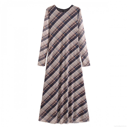 Women's Retro Mesh Plaid Long Sleeve Maxi Dress Elegant Round Neck A-Line Gown For Daily Party Ladies Stylish 100% Polyester Breathable Dress