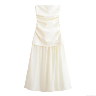 Women French Elegant Strapless Ruched Maxi Dress 100% Polyester Creamy White Pleated Long Dress For Wedding Evening Party Dating Ladies Fashion