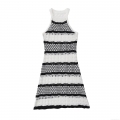 Women Sexy Halter Neck Knitted Mini Dress Elegant Black and White Striped Hollow Out Sleeveless Crochet Bodycon Dress For Summer Beach Vacation Party