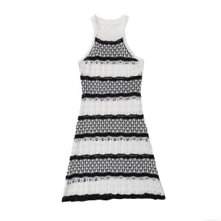 Women Sexy Halter Neck Knitted Mini Dress Elegant Black and White Striped Hollow Out Sleeveless Crochet Bodycon Dress For Summer Beach Vacation Party