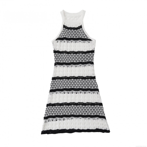 Women Sexy Halter Neck Knitted Mini Dress Elegant Black and White Striped Hollow Out Sleeveless Crochet Bodycon Dress For Summer Beach Vacation Party