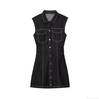 Women's Black Denim Sleeveless Mini Dress Contrast White Stitching Single Breasted Bodycon Turn Down Collar Jean Dress for Party Daily Wear