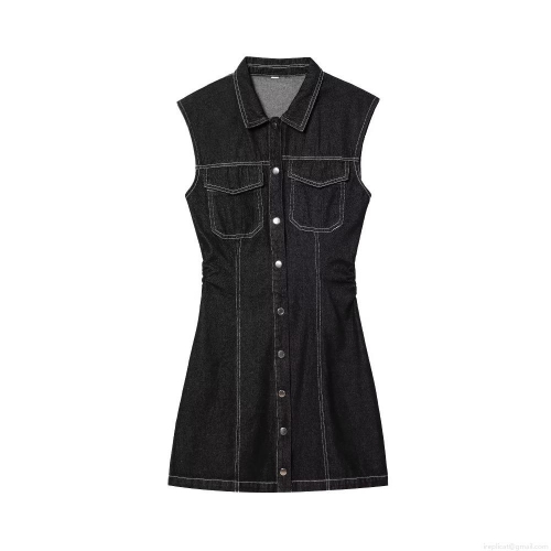 Women's Black Denim Sleeveless Mini Dress Contrast White Stitching Single Breasted Bodycon Turn Down Collar Jean Dress for Party Daily Wear