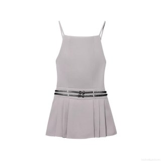 Women's Sexy Backless Pleated Mini Dress With Double Black Belt Decoration Silver Gray Camisole Party Dress Elegant Sleeveless A-Line Short Dress