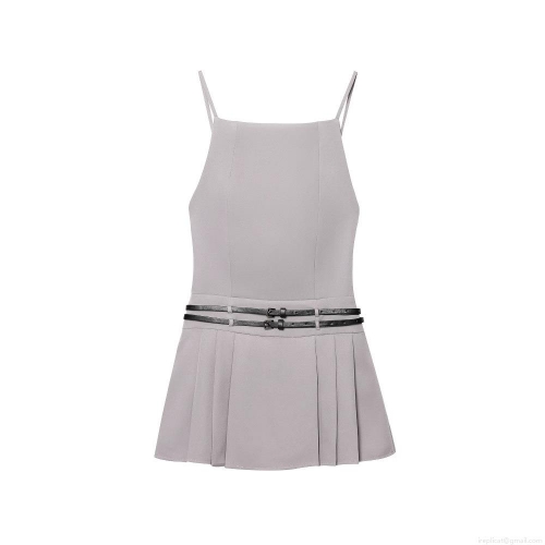 Women's Sexy Backless Pleated Mini Dress With Double Black Belt Decoration Silver Gray Camisole Party Dress Elegant Sleeveless A-Line Short Dress