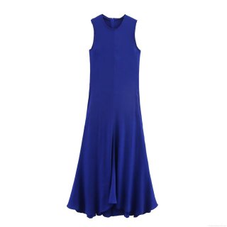 Women's Sleeveless Maxi Dress Linen Blend Satin Round Neck Back Zipper Solid Color Elegant Evening Party Long Dress