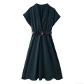 Women's Elegant Dark Green V-Neck Midi Dress With Black Belt Short Sleeve Solid Color A-Line Evening Party Dress For Women Office Lady Fashion
