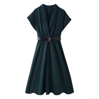 Women's Elegant Dark Green V-Neck Midi Dress With Black Belt Short Sleeve Solid Color A-Line Evening Party Dress For Women Office Lady Fashion