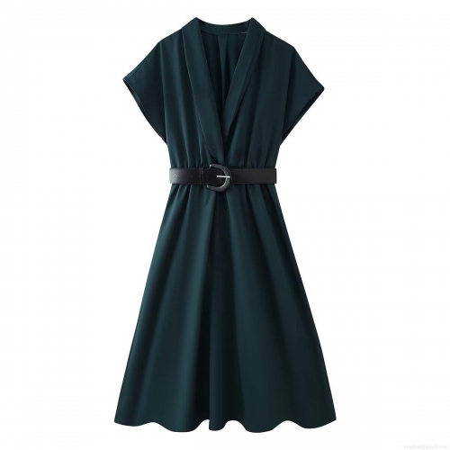 Women's Elegant Dark Green V-Neck Midi Dress With Black Belt Short Sleeve Solid Color A-Line Evening Party Dress For Women Office Lady Fashion