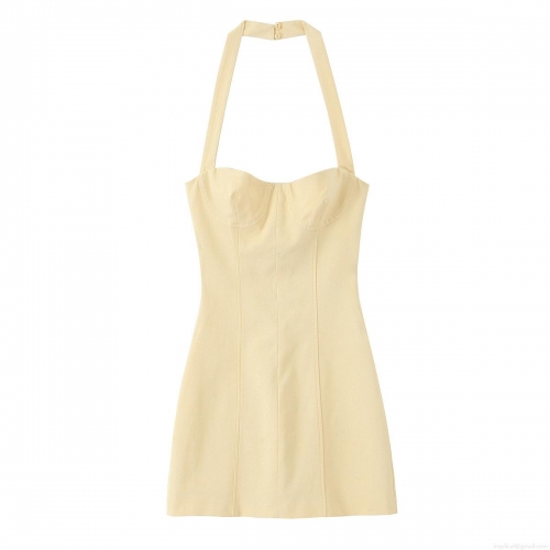 Elegant Halter Neck V Neck Sexy Backless Bodycon Mini Dress Solid Color Summer Sleeveless Polyester Slim Fit Party Clubwear For Women