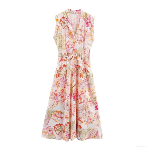 Women's Tropical Floral Print Linen Blend Midi Dress Sleeveless V-Neck Button Down A-Line Long Dress With Belt For Summer Vacation Elegant Sundress
