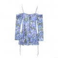 Women Tropical Floral Print Mesh Mini Dress Cold Shoulder Long Sleeve Drawstring Elegant Slim Fit Club Party Summer Dress