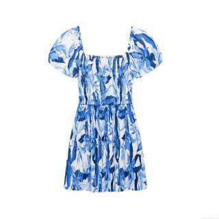 Women's Blue and White Floral Print Smocked Mini Dress Puff Sleeve Square Neck Pleated Polyester Dresses For Summer Vacation Casual Elegant Lady