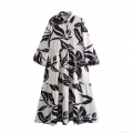 Women's French Elegant Black And White Floral Print Long Sleeve Maxi Dress Shirt Lapel Button Down Tiered Cake Skirt Polyester Casual Vacation Dress