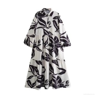 Women's French Elegant Black And White Floral Print Long Sleeve Maxi Dress Shirt Lapel Button Down Tiered Cake Skirt Polyester Casual Vacation Dress