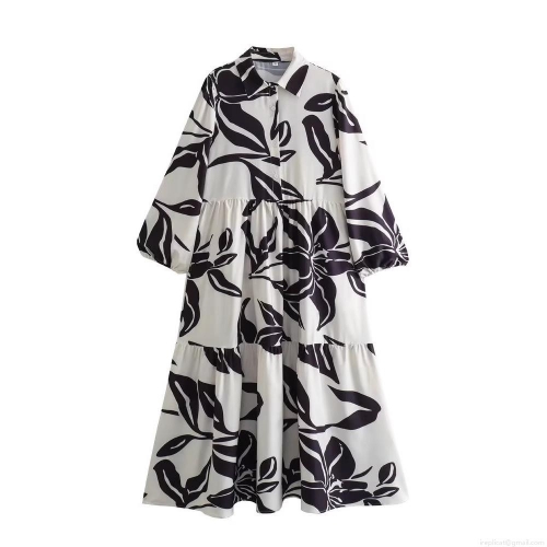 Women's French Elegant Black And White Floral Print Long Sleeve Maxi Dress Shirt Lapel Button Down Tiered Cake Skirt Polyester Casual Vacation Dress
