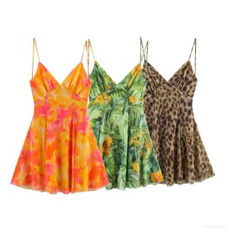 Women's Sexy Mesh Print Cami Mini Dress V Neck Sleeveless Backless Tropical Leopard Floral Mesh Sundress For Summer Vacation Beach Party