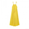 Women Summer Halter Maxi Dress Cotton Linen Polyester Blend Backless Tie-Up Shoulder Smocking Elastic Waist Solid Yellow Long Dress For Beach Holiday Party