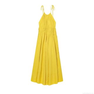 Women Summer Halter Maxi Dress Cotton Linen Polyester Blend Backless Tie-Up Shoulder Smocking Elastic Waist Solid Yellow Long Dress For Beach Holiday Party