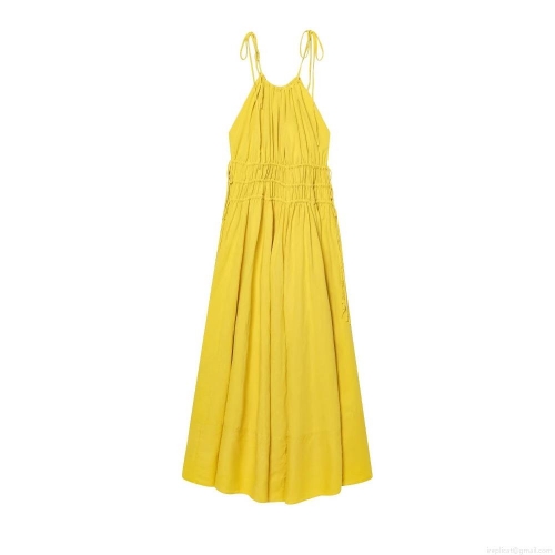 Women Summer Halter Maxi Dress Cotton Linen Polyester Blend Backless Tie-Up Shoulder Smocking Elastic Waist Solid Yellow Long Dress For Beach Holiday Party