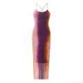 Women's Sexy Tie Dye Gradient Mesh Camisole Dress Backless Criss Cross Straps Side Slit Slim Fit Long Maxi Dress For Summer Vacation Party Night Club