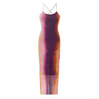 Women's Sexy Tie Dye Gradient Mesh Camisole Dress Backless Criss Cross Straps Side Slit Slim Fit Long Maxi Dress For Summer Vacation Party Night Club