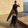Women's Elegant French Polka Dot Maxi Dress With Matching Scarf Halter Backless Ruffle Fish-Tail Evening Party Long Dress For Vacation