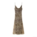 Sexy Leopard Print Mesh Maxi Dress Cowl Neck Spaghetti Strap Sleeveless Party Evening Clubwear For Women Elegant Slim Fit Camisole Dress