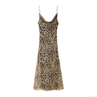 Sexy Leopard Print Mesh Maxi Dress Cowl Neck Spaghetti Strap Sleeveless Party Evening Clubwear For Women Elegant Slim Fit Camisole Dress