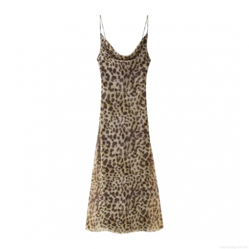 Sexy Leopard Print Mesh Maxi Dress Cowl Neck Spaghetti Strap Sleeveless Party Evening Clubwear For Women Elegant Slim Fit Camisole Dress