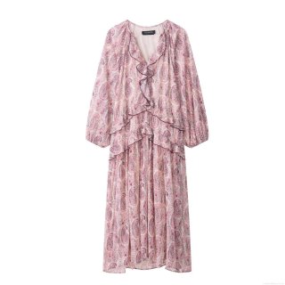 Women Elegant Paisley Print Maxi Dress V-Neck Ruffle Long Sleeve Layered Polyester Chiffon Texture Dress Bohemian Style Flowy Party Evening Long Dress