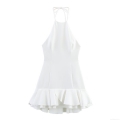 White Halter Neck Backless Mini Dress Polyester Ruffle Layered Bodycon Elegant Socialite Party Evening Dress For Women