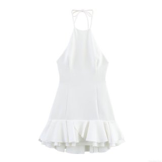 White Halter Neck Backless Mini Dress Polyester Ruffle Layered Bodycon Elegant Socialite Party Evening Dress For Women