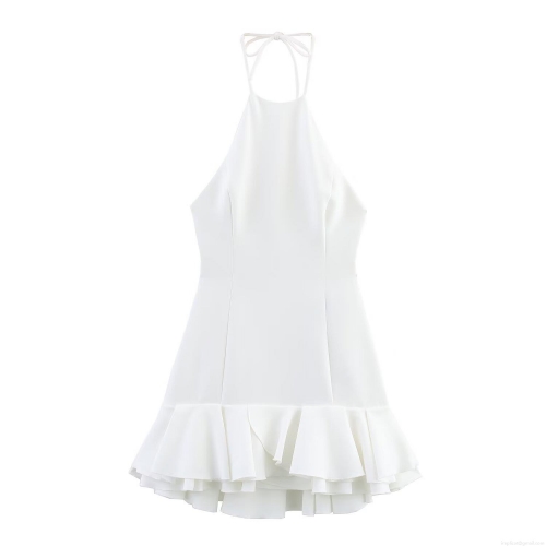 White Halter Neck Backless Mini Dress Polyester Ruffle Layered Bodycon Elegant Socialite Party Evening Dress For Women