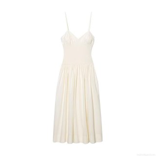 Women's Elegant Ivory Strappy Maxi Dress V-Neck Hollow Back Ribbed Patchwork High Waist Poplin Long Dress For Evening Party Celebrity Sexy