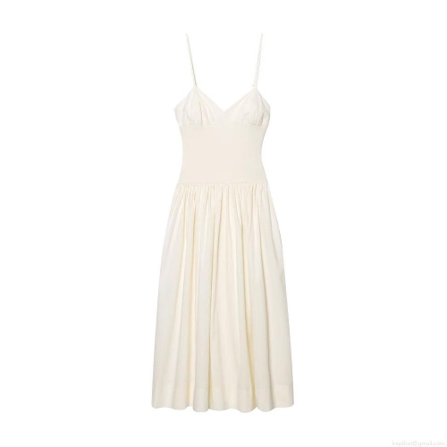 Women's Elegant Ivory Strappy Maxi Dress V-Neck Hollow Back Ribbed Patchwork High Waist Poplin Long Dress For Evening Party Celebrity Sexy